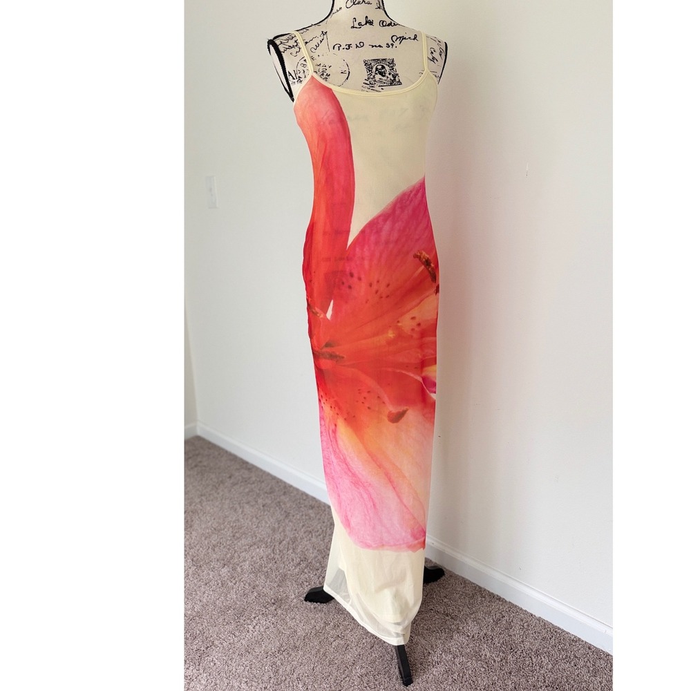 Peppermayo Pink Lily Floral Mesh Maxi Dress Cream Bodycon NWT Size US 6 Summery - Picture 13 of 16